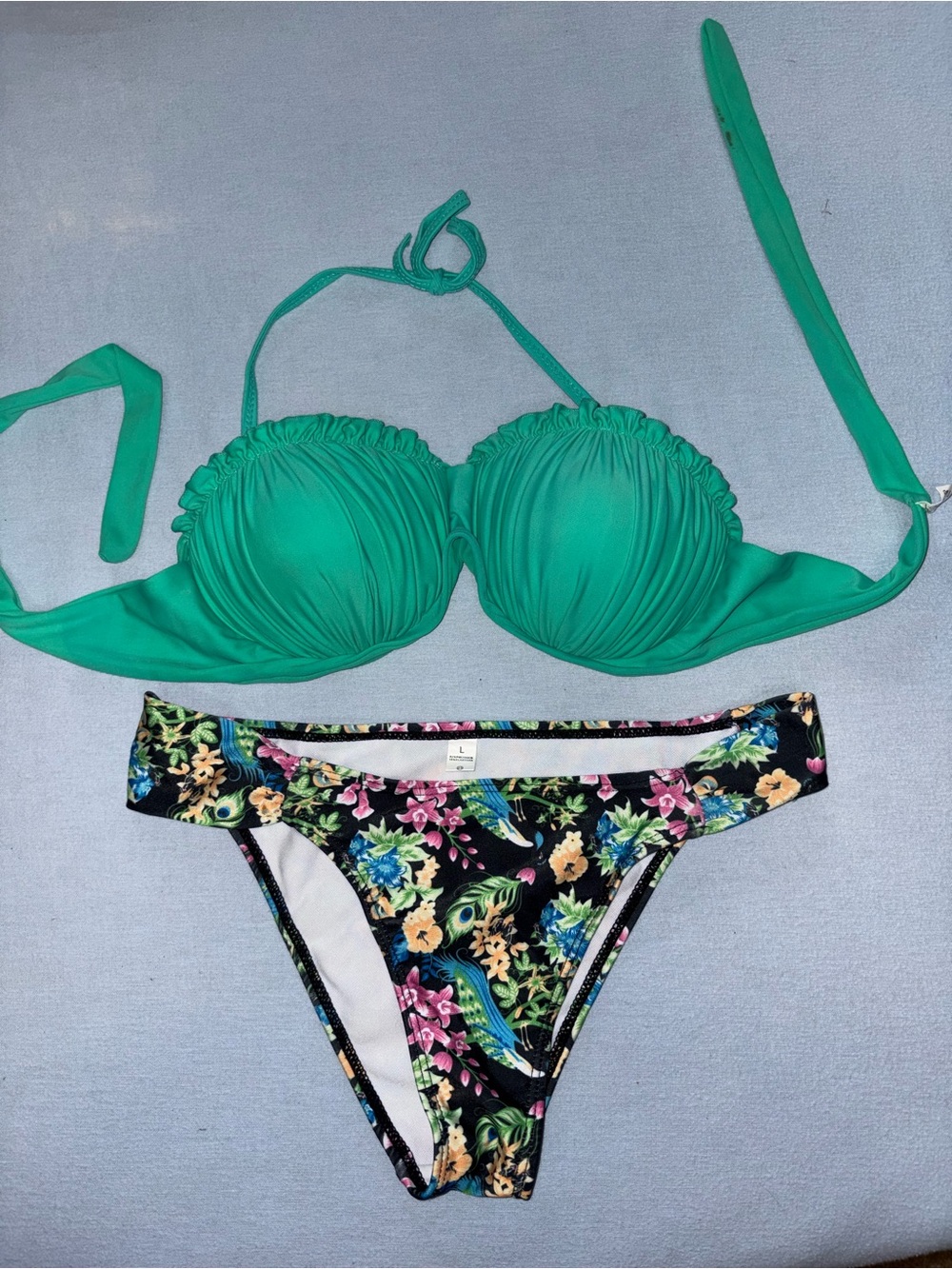 Green Ruched Bikini Top with Floral Bikini Bottom - Women's Swim
